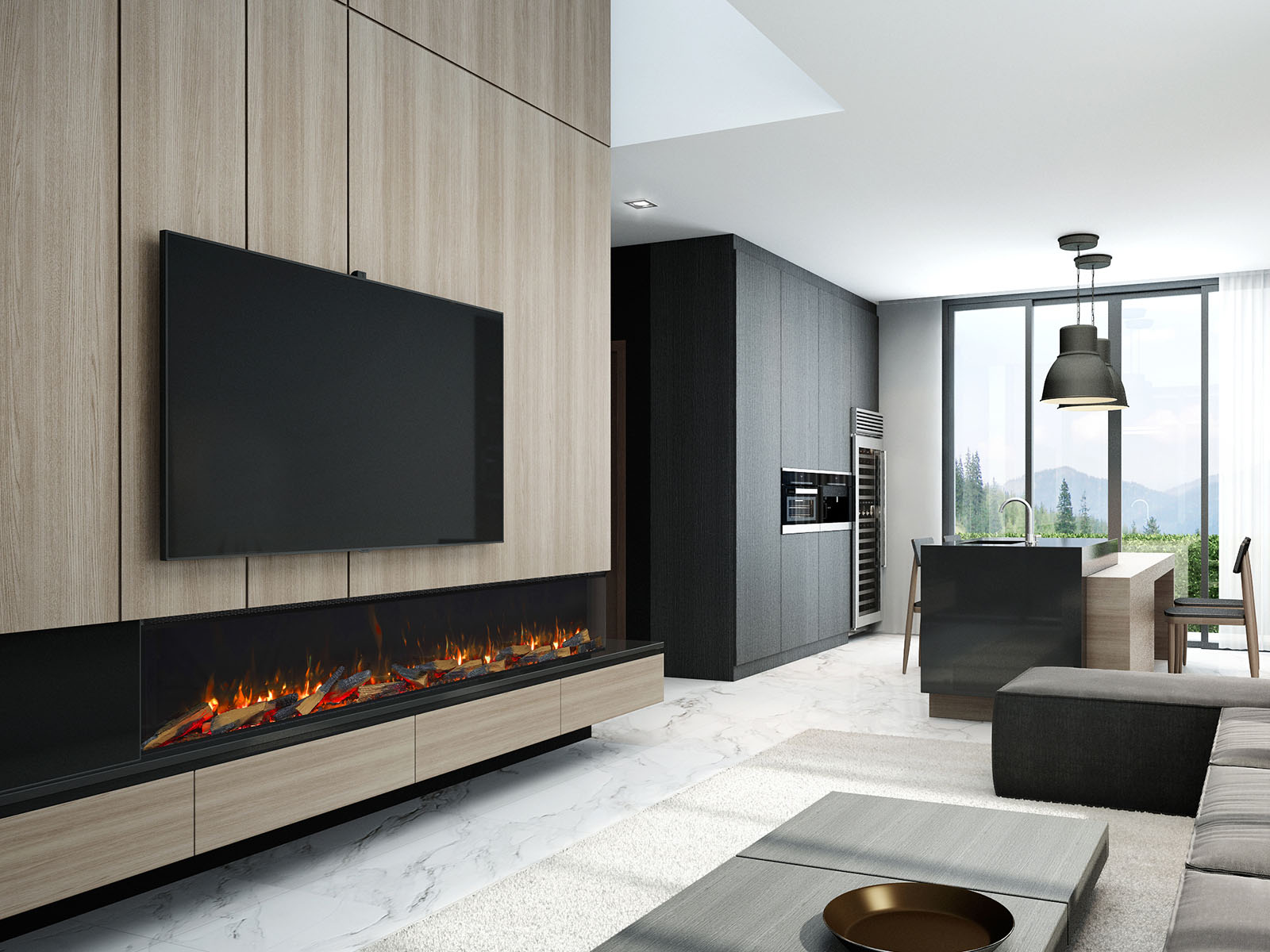 Moderne woonkamer met een ingebouwde haard onder een tv, licht houten panelen, een strakke open keuken en grote ramen met uitzicht op een berglandschap.